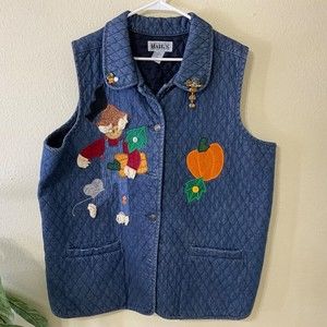 Vintage 80s 90s Haiks Quilted Denim Button Up Vest plus size 2X Autumn AJMC pin